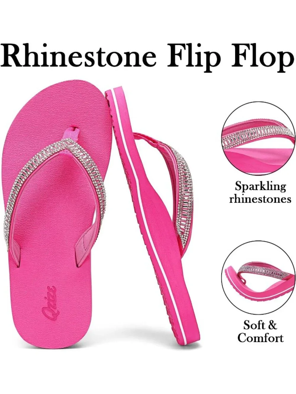 Women's Rose Red Summer Comfortable Flip Flops with Rhinestone Thong Sandals